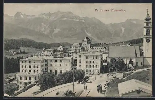 AK Pontresina, Strassenpartie mit Hotel Saratz