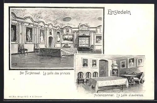 Künstler-AK Einsiedeln, Innenansichten vom Fürstensaal und Studienzimmer