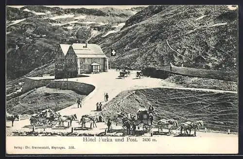 AK Furkapass, Hotel Furka und Post mit Kutschen