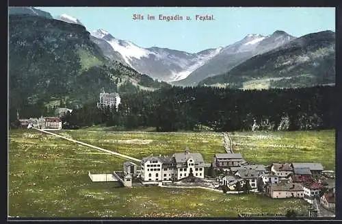 AK Sils im Engadin, Ort aus der Vogelperspektive mit Talansicht