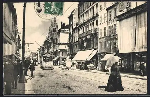 AK Nancy, Point Central, Rue St-Georges, Strassenbahn