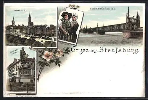 Lithographie Strassburg, Eisenbahnbrücke bei Kehl, Kleber-Platz, Gutenberg-Denkmal