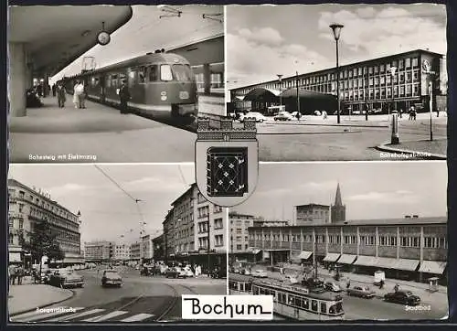 AK Bochum, Bahnhofsgebäude, Bahnsteig mit Elektrozug, Stadtbad, Strassenbahn, Eisenbahn, Wappen