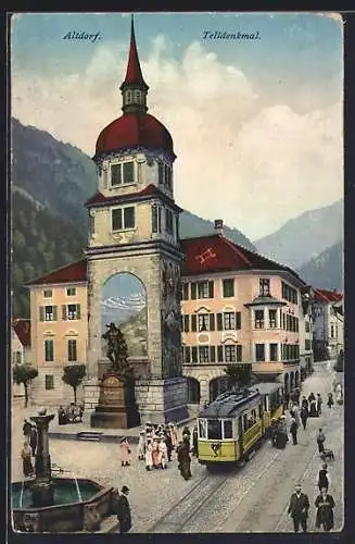 AK Altdorf, Fahrgäste verlassen die Strassenbahn am Telldenkmal