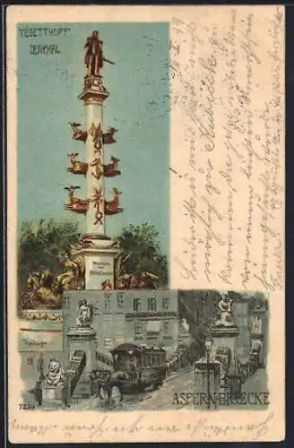 Lithographie Wien, Pferdebahn auf der Aspern-Brücke, Tegetthoff Denkmal