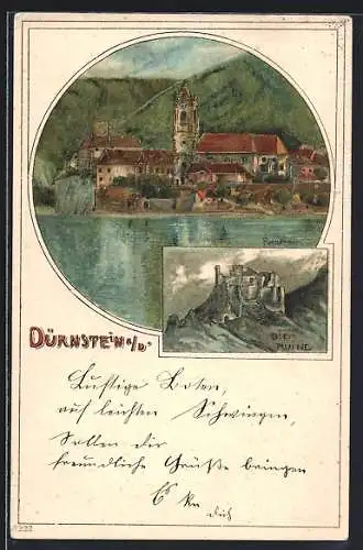 Künstler-AK Dürnstein a. D., Totalansicht mit Blick zur Kirche und Partie an der Burg Ruine