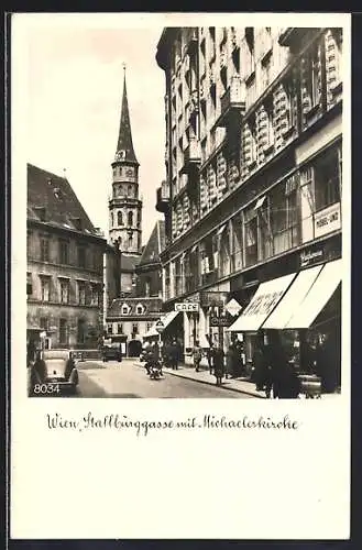 AK Wien, Stallburggasse mit Café und Michaelerkirche