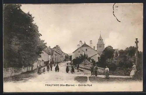 AK Prauthoy /Hte-Marne, Entrée Sud du village avec habitants et église en arrière-plan