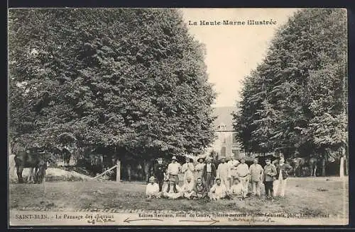 AK Saint-Blin, Le Panage des chevaux devant l`hôtel du Centre et l`église paroissiale