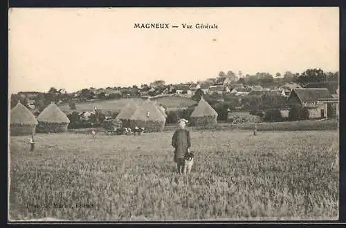 AK Magneux, Vue Générale avec paysans et meules de foin dans le champ