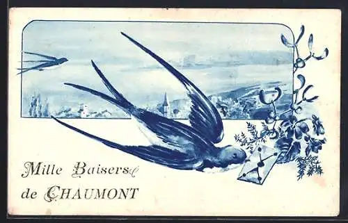 AK Chaumont, Mille baisers avec une hirondelle et vue du village