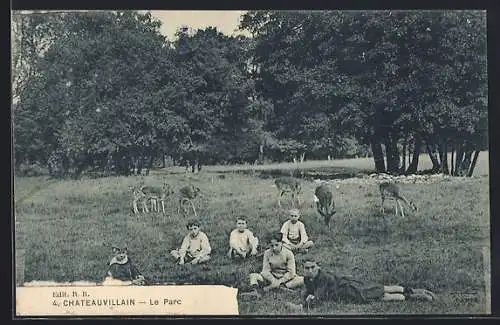 AK Chateauvillain, Le Parc avec des enfants et des cerfs dans la clairière