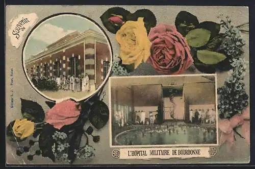 AK Bourbonne-les-Bains, L`Hôpital militaire et décor floral