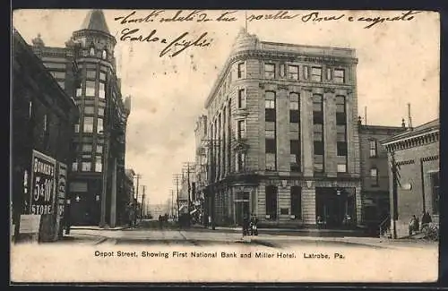 AK Latrobe, PA, Depot Sreet, Showing First National Bank and Miller Hotel