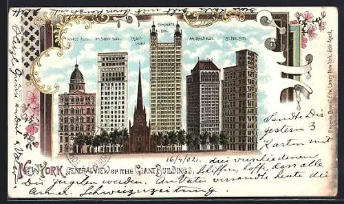 Lithographie New York, NY, General View of World Bldg, Am Surety Bldg., Trinity Church, Sindicate Bldg. et al