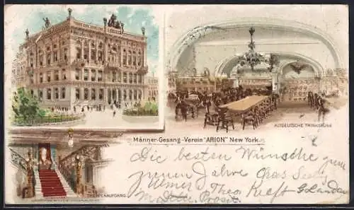 Lithographie New York, NY, Männer-Gesang-Verein Arion, Altdeutsche Trinkstube und Treppenaufgang