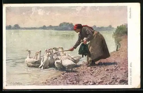 Künstler-AK sign. Franz Horst: Gänseliese, Frau mit Gänsen am Wasser