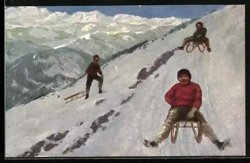 AK Kinder fahren auf Schlitten einen Berg hinab