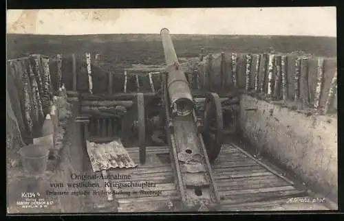 AK Maubeuge, Verlassene englische Artillerie-Stellung mit Geschütz