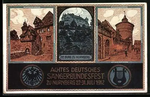 AK Nürnberg, VIII. Deutsches Sängerbundfest 1912, Burg zu Nürnberg, Harfe, Wappen