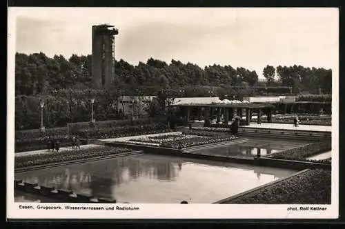 AK Essen, Grugapark, Wasserterrassen und Radioturm