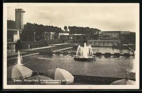 AK Essen, Grosse Garten-Ausstellung 1931, Grugapark, Wasserterrassen mit Blick au Rosenkaffee
