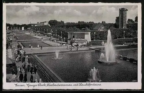 AK Essen, Gurgapark, Farbenterrassen mit Leuchtfontäne, Ausstellungsgelände