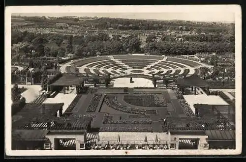 AK Essen, Grugapark, Blick vom Radioturm auf Pergolagarten, Dahlienarena und Botanischen Garten