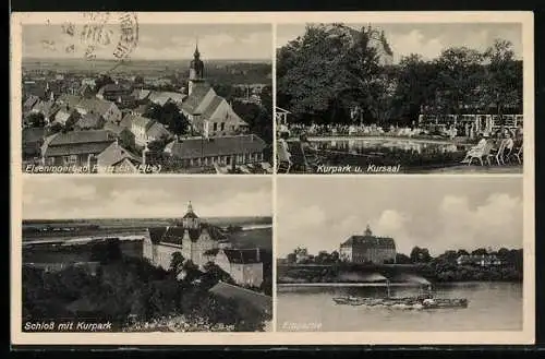 AK Pretzsch, Totalansicht aus der Vogelschau, Kurpark und Kursaal, Elbpartie, Schloss mit Kurpark