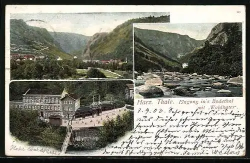 AK Thale, Eingang in's Bodethal mit Gasthaus Waldkater