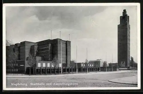AK Magdeburg, Stadthalle und Ausstellungsturm von Strasse aus