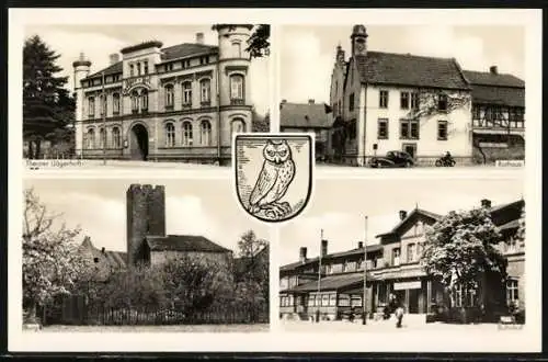 AK Oebisfelde, Theater (Jägerhof), Rathaus, Burg, Bahnhof