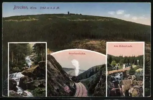 AK Brocken, Totalansicht, Steinerne Renne, Brockenbahn und Am Eckerloch