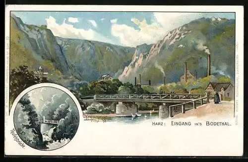 Lithographie Thale / Harz, Teufelsbrücke, Eingang ins Bodetal