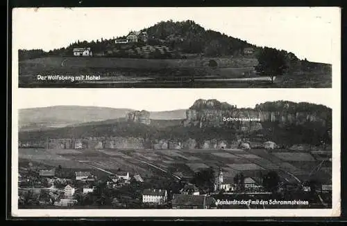AK Reinhardtsdorf, Panorama mit Schrammsteinen, Wolfsberg mit Hotel