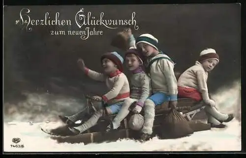 AK Kinder auf einem Schlitten mit Geldsäcken, Herzlichen Glückwunsch zum neuen Jahre