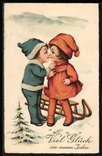 Künstler-AK Zwei Kinder vor einem Schlitten in der Schneelandschaft, Neujahr