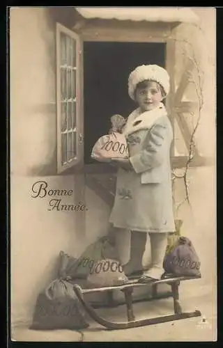 AK Kind steht auf einem Schlitten vor einem Fenster mit Geldsäcken, Bonne Année