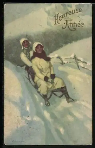 Künstler-AK Mann und Frau auf einem Schlitten im Schnee, Heureuse Année