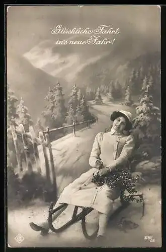 AK Frau auf einem Schlitten mit Mistelzweigen, Glückliche Fahrt ins neue Jahr