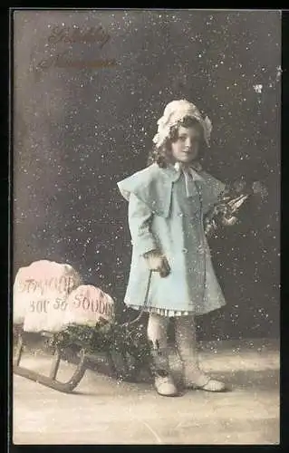 AK Mädchen mit Schlitten mit Geldsäcken, Gelukkig Nieuvjaar