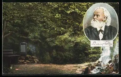 AK Friedrich Stoltze, Portrait, Wasserfall und Stoltzeplätzchen im Billtal