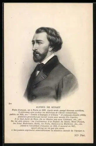 AK Alfred de Musset, Portrait und Kurzvita