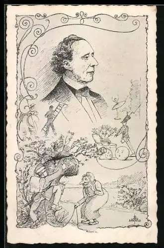 AK H. C. Andersen, Portrait und Märchenszenen, Ornamente