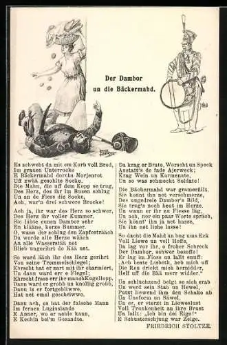AK Friedrich Stoltze, Der Dambor un die Bäckermahd, Gedicht und Szenenbild, Stoltze-Postkarte
