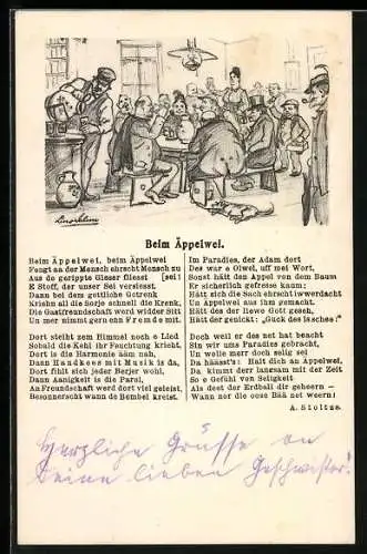 AK Friedrich Stoltze, Beim Äppelwei, Gedicht und Szenenbild, Stoltze-Postkarte
