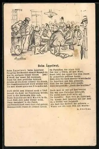 AK Friedrich Stoltze, Beim Äppelwei, Gedicht und Wirtshausszene, Stoltze-Postkarte