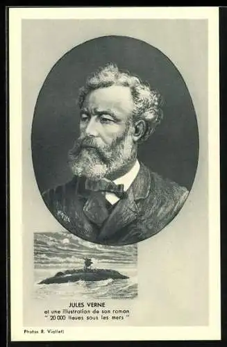 AK Portrait des Schriftstellers Jules Verne, U-Boot-Illustration aus 20000 Meilen unter dem Meer