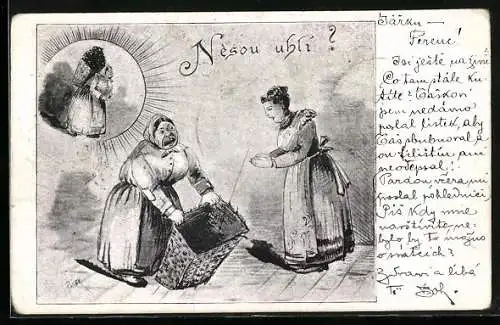 AK Zwei Frauen mit einem Korb, Scherz