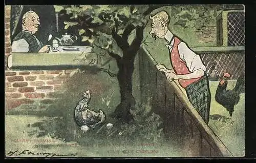 AK Poultry Farming, Herr im Garten mit Hühnern, Scherz